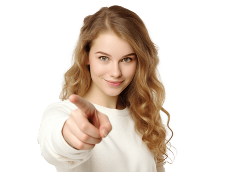 Young girl looking at camera while pointing her finger png