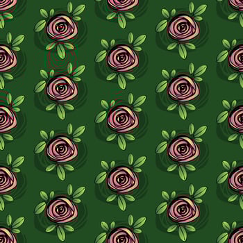 Seamless floral pattern with pink flowers and leaves on a green background vector