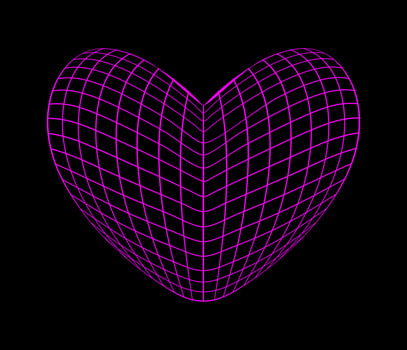 Neon pink wireframe heart shape on black background. Futuristic cyberpunk grid figure. Y2K retro style. vector