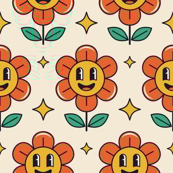 Groovy flower seamless pattern. Retro flower character with a smiling face vector