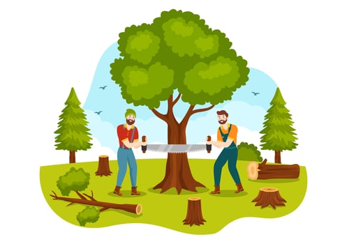 Men Chopping Wood and Cutting Tree with Lumberjack Work Equipment Machinery or chainsaw in Flat Cartoon Background Templates Vector Illustration