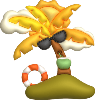 3d illustration Coconut tree wearing sunglasses drinking coconut water Cloud floats and surfboards in summer png