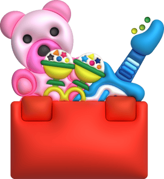 Kids toys box baby container with toyshop teddy bear guitar rattles set illustration png