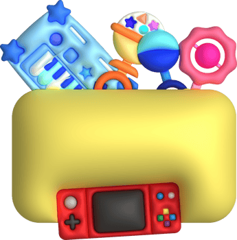 Kids toys box baby container with toyshop rattles game pad ,piano keyboard set illustration png