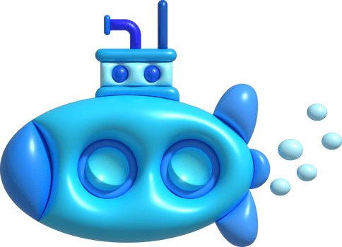 3D illustration  Submarine undersea with bubble.Kids toys minimal style. png