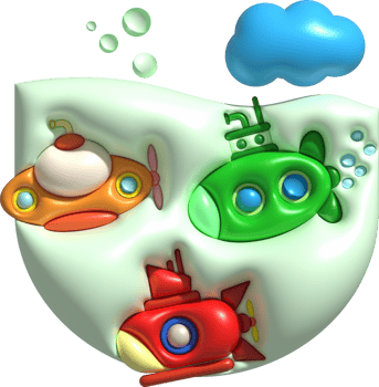 3D illustration  Submarine undersea with bubble.Kids toys minimal style. png
