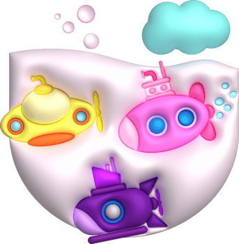 3D illustration  Submarine undersea with bubble.Kids toys minimal style. png