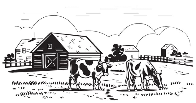Two cows graze on the field on the background of the farm hand drawn sketch in doodle style Vector illustration