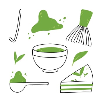 Matcha tea. Mug with matcha and green tea leaves. Vector illustration. Natural green tea.