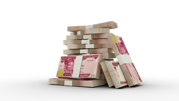 3d rendering of Stacks of 200 Nigerian naira notes. bundles of Nigerian currency notes isolated on transparent background png