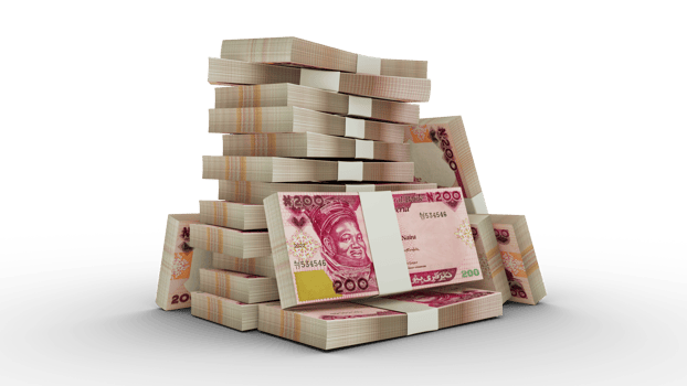 3d rendering of Stacks of 200 Nigerian naira notes. bundles of Nigerian currency notes isolated on transparent background png