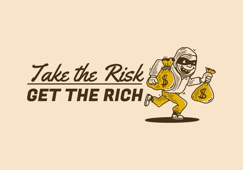 Take the risk get the rich. Bank robber character holding a money sack vector