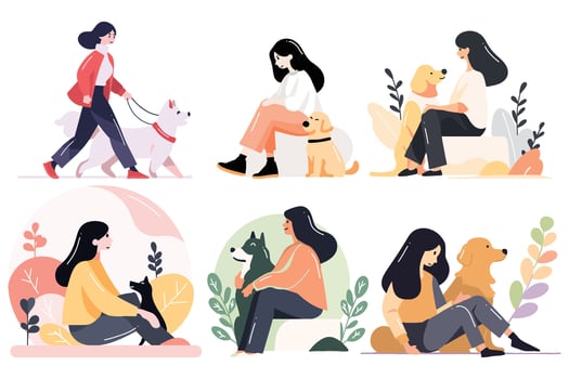 Hand Drawn Set of character is walking happily with the dog in flat style vector