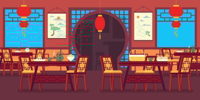 Cartoon Color Chinese Restaurant Traditional Interior Inside Concept. Vector