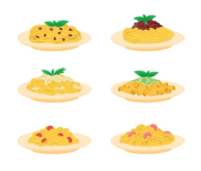 Cartoon Color Different Pasta Dish Icon Set. Vector
