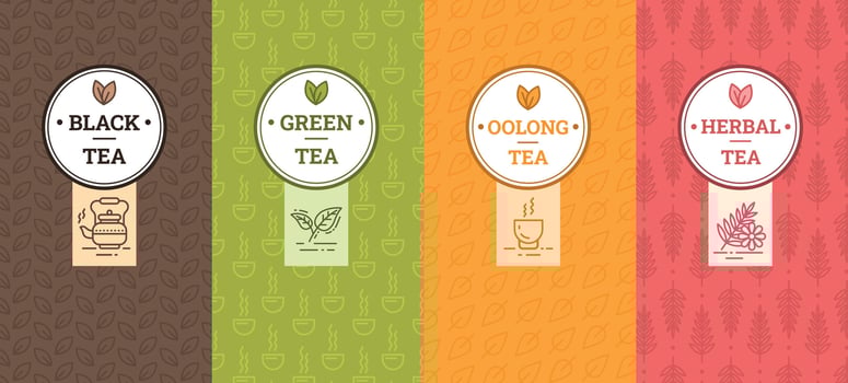Templates Packaging Tea with Thin Line Icons Set. Vector