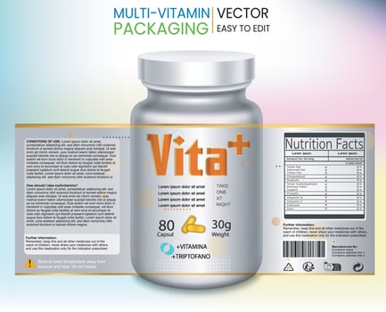 Multivitamin packaging Label, Vitamin pack, Supplement labels, Vector bottle, Bottle label, Nutrition Supplement Label, Packaging template design, free vector label, Medicine pack