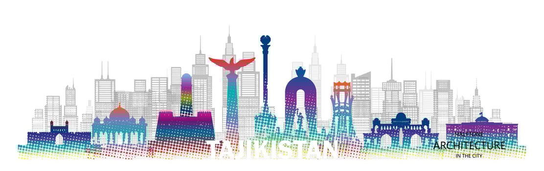 Travel architecture silhouette in Tajikistan with colorful halftone style. vector