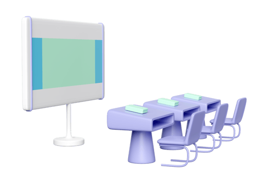 3d modern class room with smart board, standing desks, chairs isolated. business training concept, 3d illustration render png