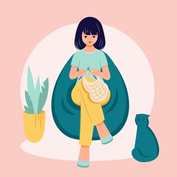 Young female knitting needle work craft hobby vector
