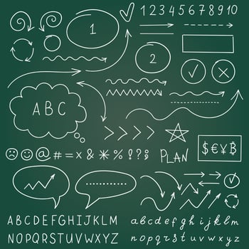 Arrow circles and abstract doodle icon in hand drawn style. Number vector illustration on isolated background. Letters, arrows sign business concept.