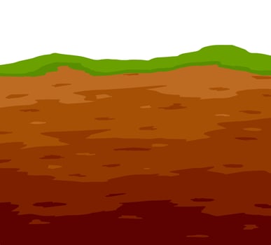 Land in the section. Archaeological scenery. Brown ground. Dirt clay and green grass. Vector cartoon. Underground background. Geological layer