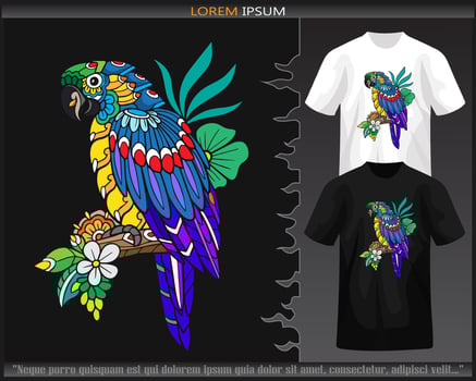 Colorful Macaw bird mandala arts isolated on black and white t shirt. vector