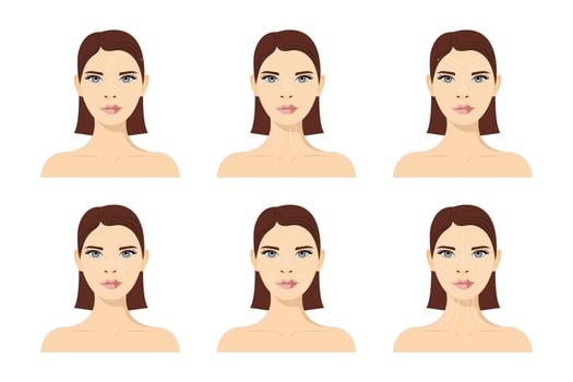 Facial massage scheme, visual massage guide. Anti-aging, lifting methods of sculpting. Stitch pattern for radiant and fine skin vector