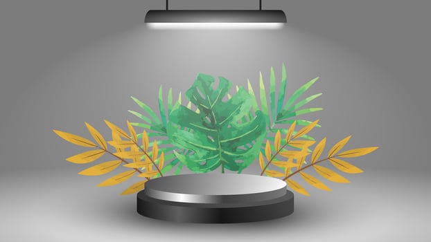 Abstract white 3D room with realistic white cylindrical pedestal podium set and shadow overlay of palm leaves. Minimal scene for product display presentation. Vector geometric platform.