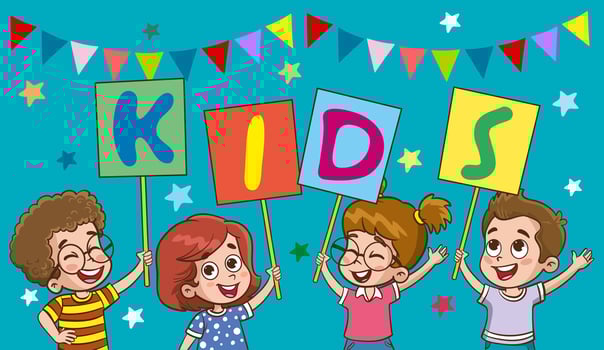 happy cute little kid with blank banner vector