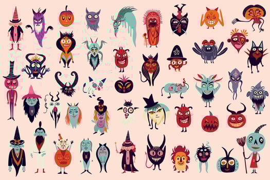 Vibrant bright Strange ugly Halloween characters. Cute bizarre comic characters in modern flat hand drawn childish style vector