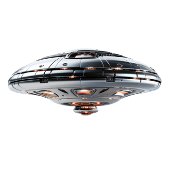 metallic silver flying saucer isolated on transparent background ,futuristic ufo spaceship png ,generative ai