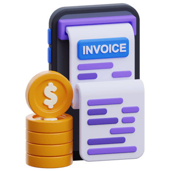 Vibrant digital invoice 3D icon showcasing financial technology concept on mobile phone, adorned with dollar coin and receipt for dynamic finance illustration png