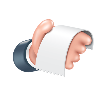 Cashier's left hand is handing you a paper receipt or tax invoice, PNG 3d on transparent background