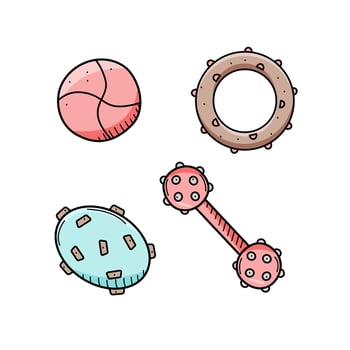 Toys for dogs puller ball disc. Vector illustration of training toys for pets. Accessories pet store, dog kennel.