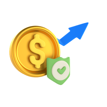 Stack profit with coin arrow and badge, financial technology 3D Icon render png