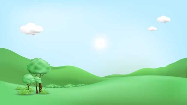 3d landscape illustration with 3d trees, cloud and sun. vector illustration.