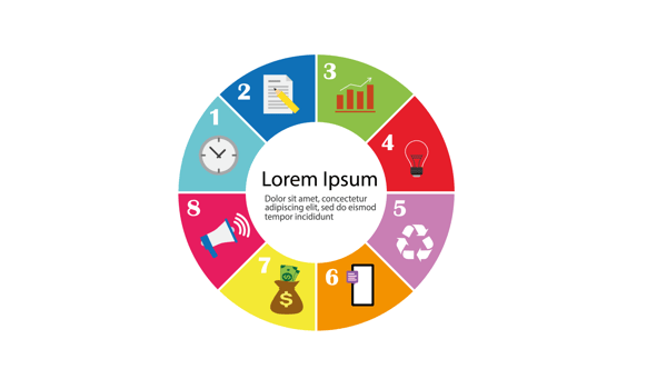 Infographics template with four steps or points in segment cake form connected to each other and sample text png