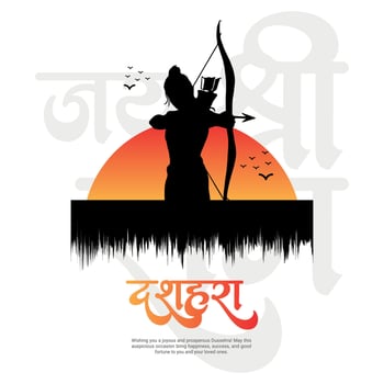 Happy Dussehra and Vijyadashmi with lord rama Social Media Post in Hindi calligraphy, In Hindi Dussehra means Victory over evil and Jai Shri Ram Meaning Lord Rama. vector