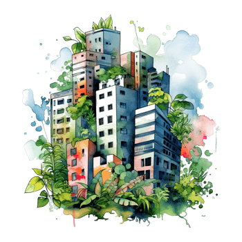 Urban Jungle, city, skyscrapers with lush foliage, cityscape design. AI Generative png