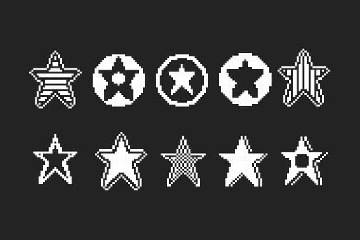 black and white star collection set in pixel art style vector