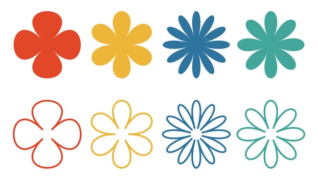 Colorful flat flowers isolated, Outline flowers vector