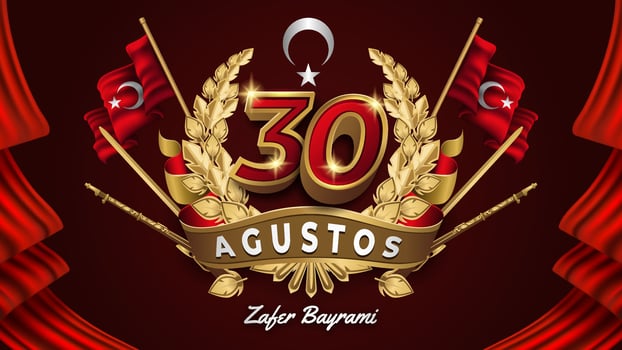 Golden 30 Agustos Zafer Bayrami Badge with Red Flags Background vector