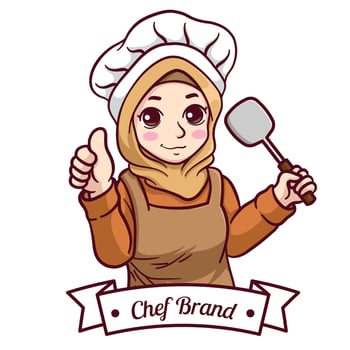 Cute and kawaii vector muslim woman chef wearing hijab holding a spatula