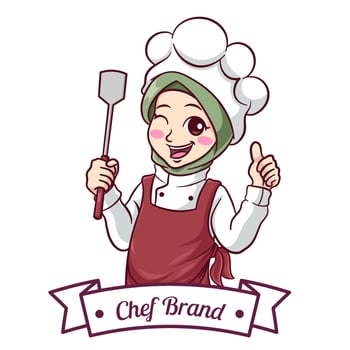 illustration Cute muslim female chef wearing a hijab giving thumbs up and holding spatula vector