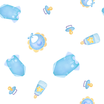 cutout Baby items seamless pattern in watercolor style isolated on white background. clipart Newborn accessory collection. blue baby boy set with pajamas, pacifier, vests, overalls, clothes, bib png