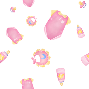 cutout Baby items seamless pattern in watercolor style isolated on transparent background. clipart Newborn accessory collection. pink baby girl set of pajamas, pacifier, vests, overalls, clothes, bib png