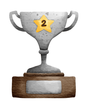 Isolated cute silver trophy with number 2 star in watercolor style and transparent background png