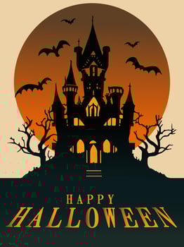 Halloween pumpkin and dark castle on orange moon background, illustration. vector