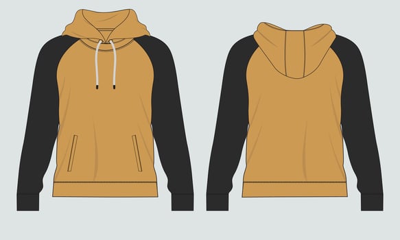 Hoodie Technical fashion flat sketch Vector template. Cotton fleece fabric Apparel hooded sweatshirt illustration mock up Front, back views.
